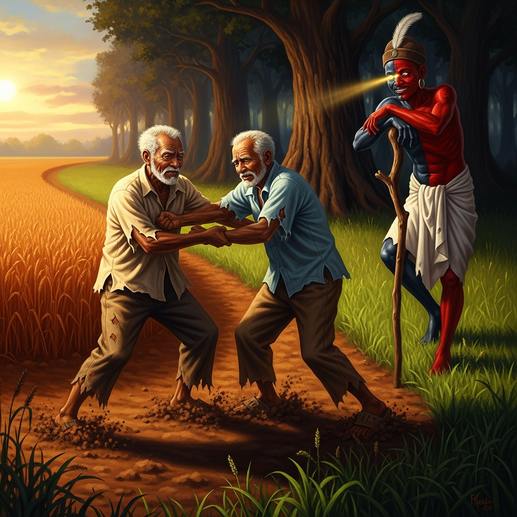 The two farmers wrestle in the dirt at the boundary of their fields, their friendship of thirty years dissolved in a single argument about color. Eshu watches from the tree line, leaning on his staff.