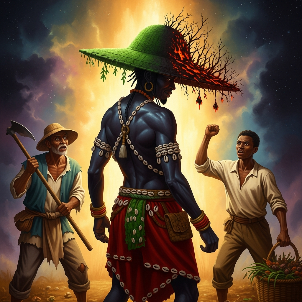 Eshu turns to face them both, tilting the hat forward so both sides are visible at once. The farmers stop fighting. The silence that follows is the beginning of understanding.