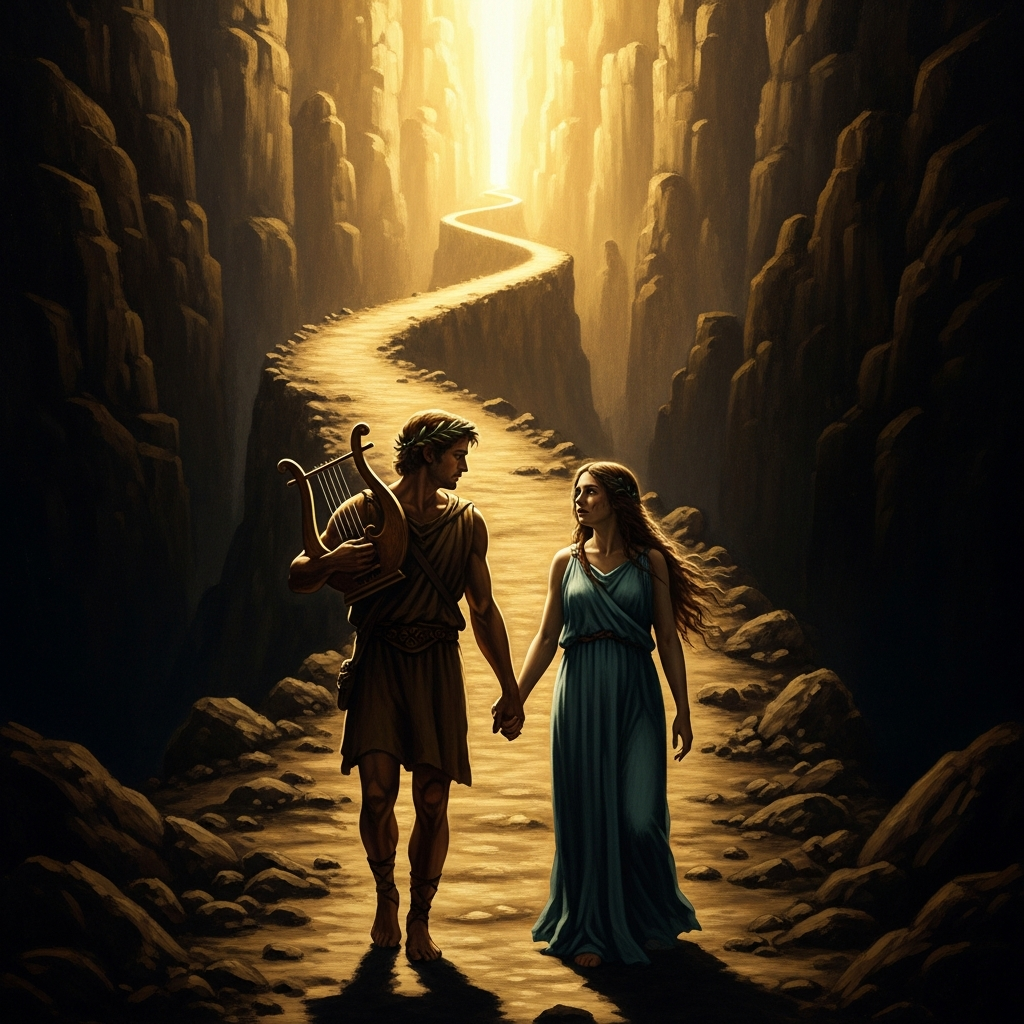 Up the long path toward the light: Orpheus walking ahead, Eurydice walking behind, neither one able to speak, the silence stretching for miles.