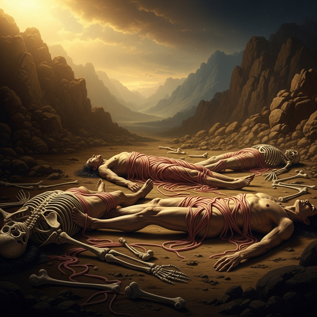 Bone seeks bone across the valley floor. There is a noise — the text uses the word *ra'ash*, earthquake, the same word used for the divine chariot's approach. Sinew appears. Flesh rises over the skeleton. Skin covers all of it. And then: silence. The bodies lie still. They are whole, and they are empty.