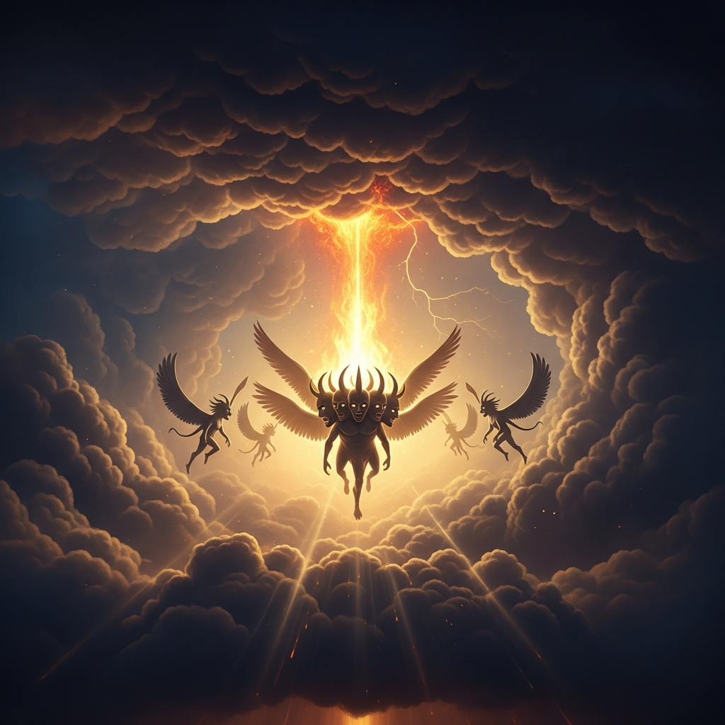 A great storm-cloud from the north, fire flashing within itself, surrounded by radiance — and from the center of the fire, the outline of four living creatures, each with four faces and four wings, moving in the strange simultaneity the prophet spends fifty verses trying to describe.