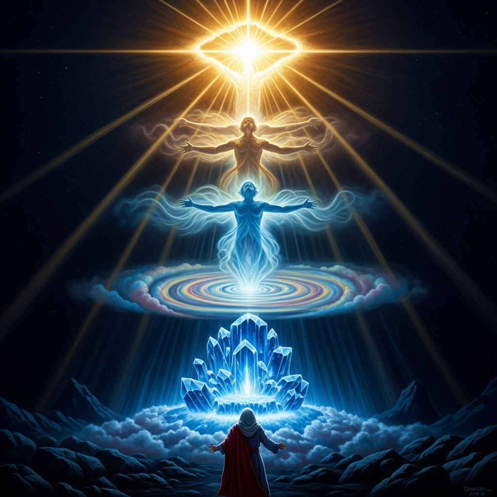 Above the crystal expanse, above the sapphire throne, something in the appearance of the likeness of the glory of YHWH — four layers of approximation stacked between the prophet's language and the thing his language cannot name. Ezekiel falls on his face.