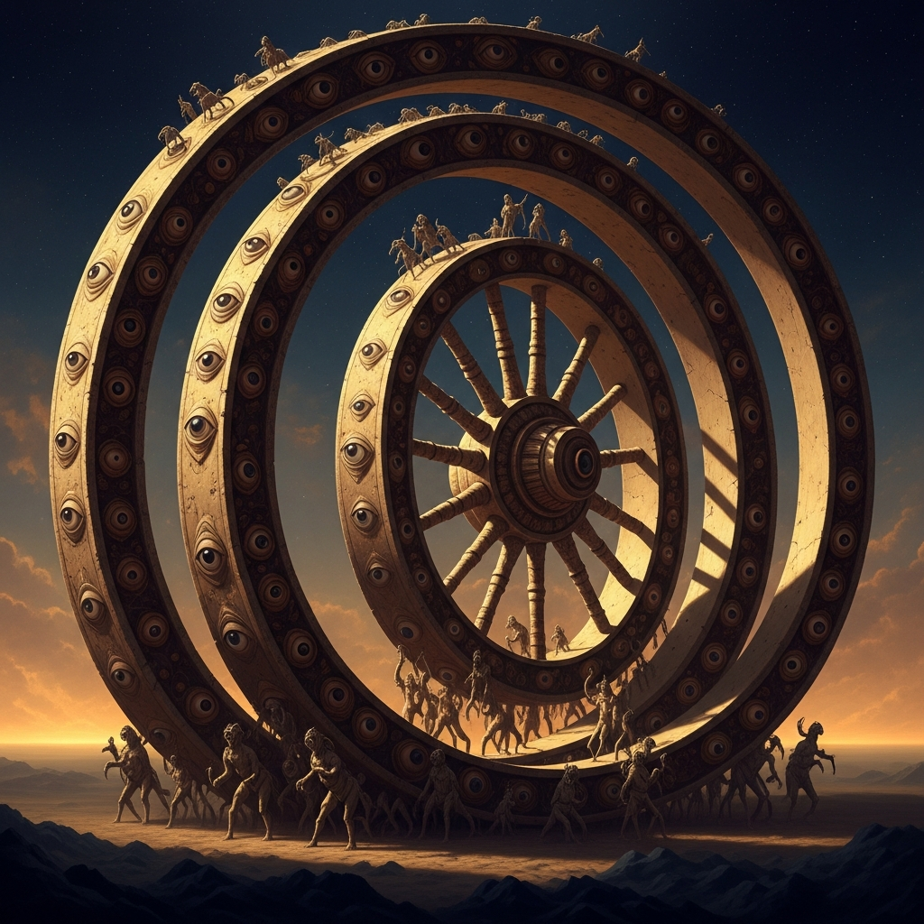The Ophanim — the wheels of the divine chariot — each wheel inside another wheel, their rims high and dreadful and full of eyes all around. They move when the creatures move. They rise when the creatures rise. The spirit of the living creatures is in the wheels.