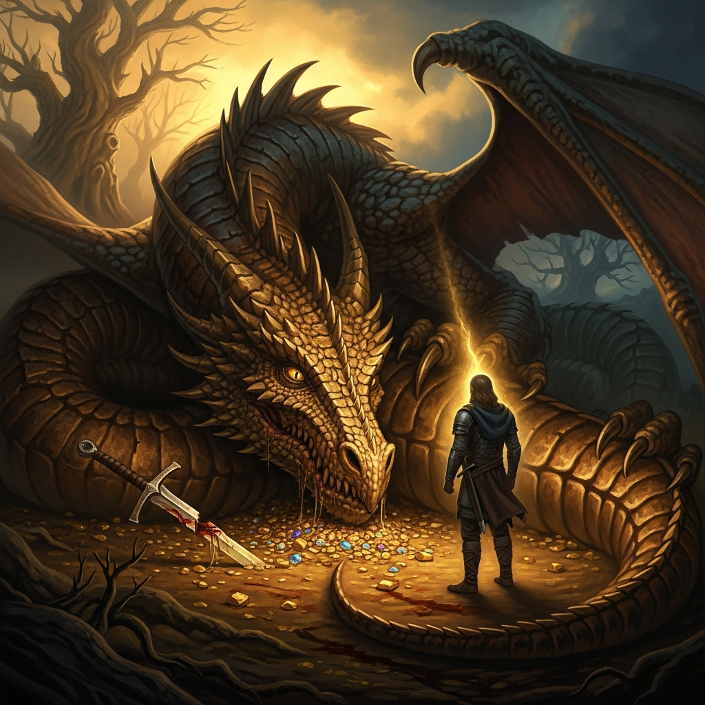 Fáfnir dying on the heath. He looks at Sigurd with eyes that were once a man's eyes. He names the curse on the gold. He tells Sigurd he will die of it. Sigurd does not flinch and does not believe him.