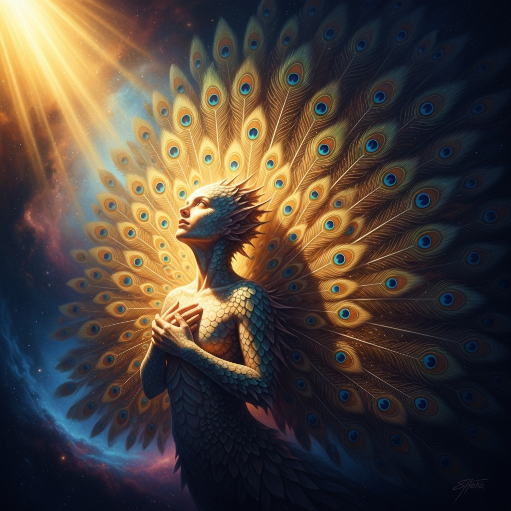 The fantail's open beak at the moment of laughter — Hine-nui-te-po's eyes beginning to open, the grey light of a sky that will never be the same.