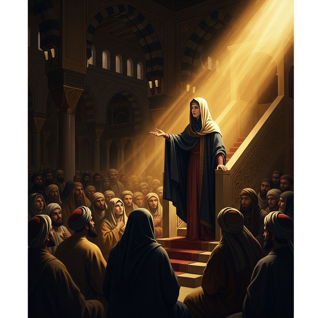In the mosque of Medina, veiled in her cloak, Fatima delivers the Fadak sermon to the community — arguing from scripture, from precedent, from her father's direct word, for land that has already been taken.