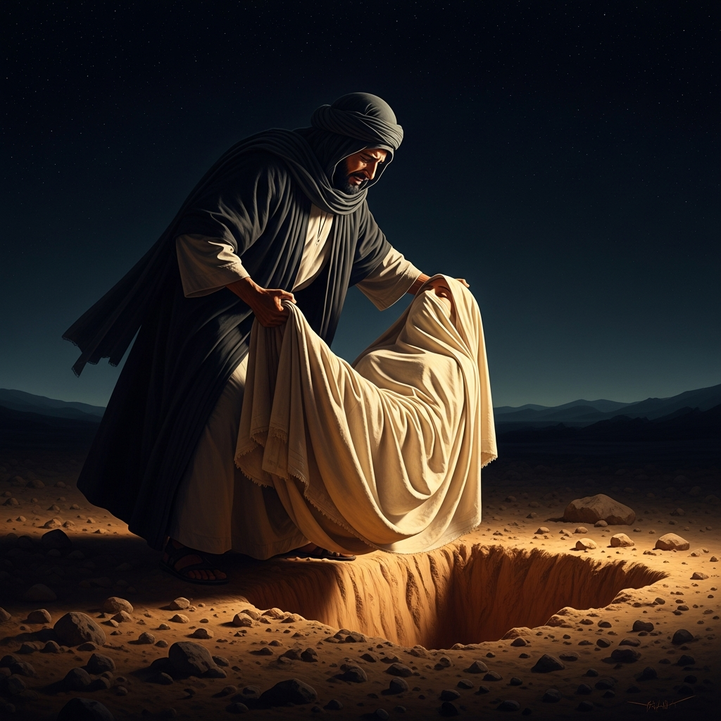Ali buries Fatima at night, by her own request, so that Abu Bakr and Umar will not pray over her grave. The location is kept secret. The secrecy is itself a statement, carried in every Shi'a procession since.