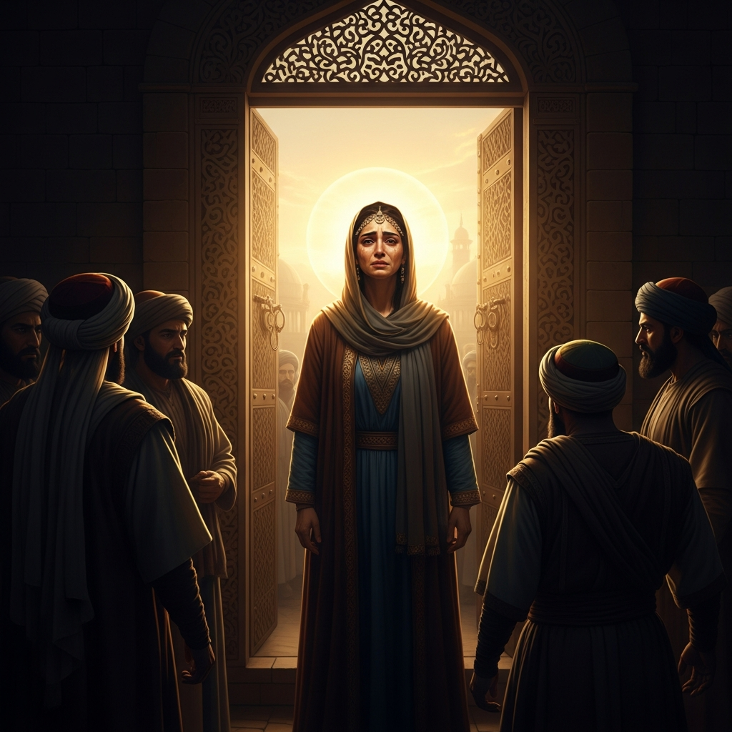 Three months later. The house of Fatima in Medina. Muhammad is dead. Abu Bakr has been acclaimed caliph at the Saqifa Bani Sa'ida while Ali was washing the Prophet's body. Umar arrives at the door demanding the oath of allegiance. Fatima — the Prophet's daughter, the wife of the man being summoned — refuses. The encounter that follows will be remembered differently by every subsequent tradition.