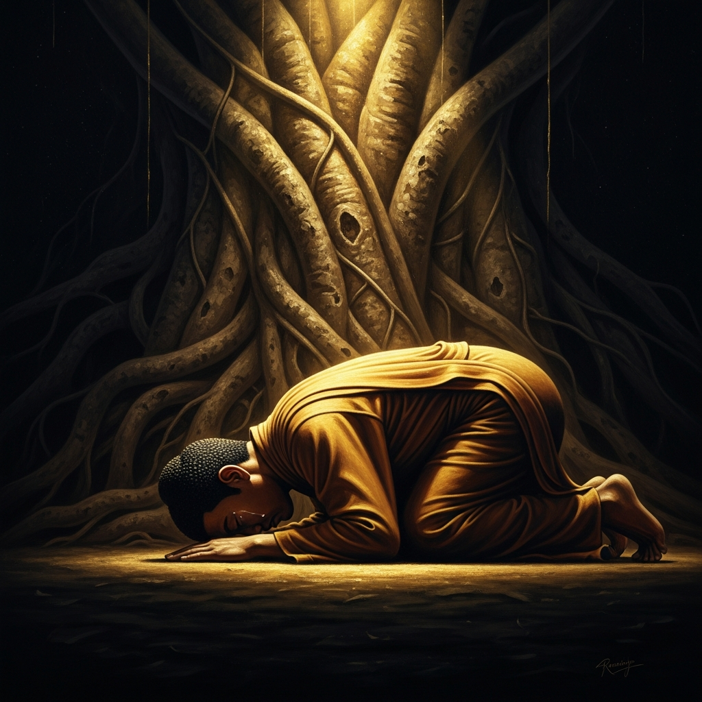 Faxian beneath the Bodhi Tree at Bodh Gaya. He has walked nine years to stand in this shadow. He prostrates and weeps.