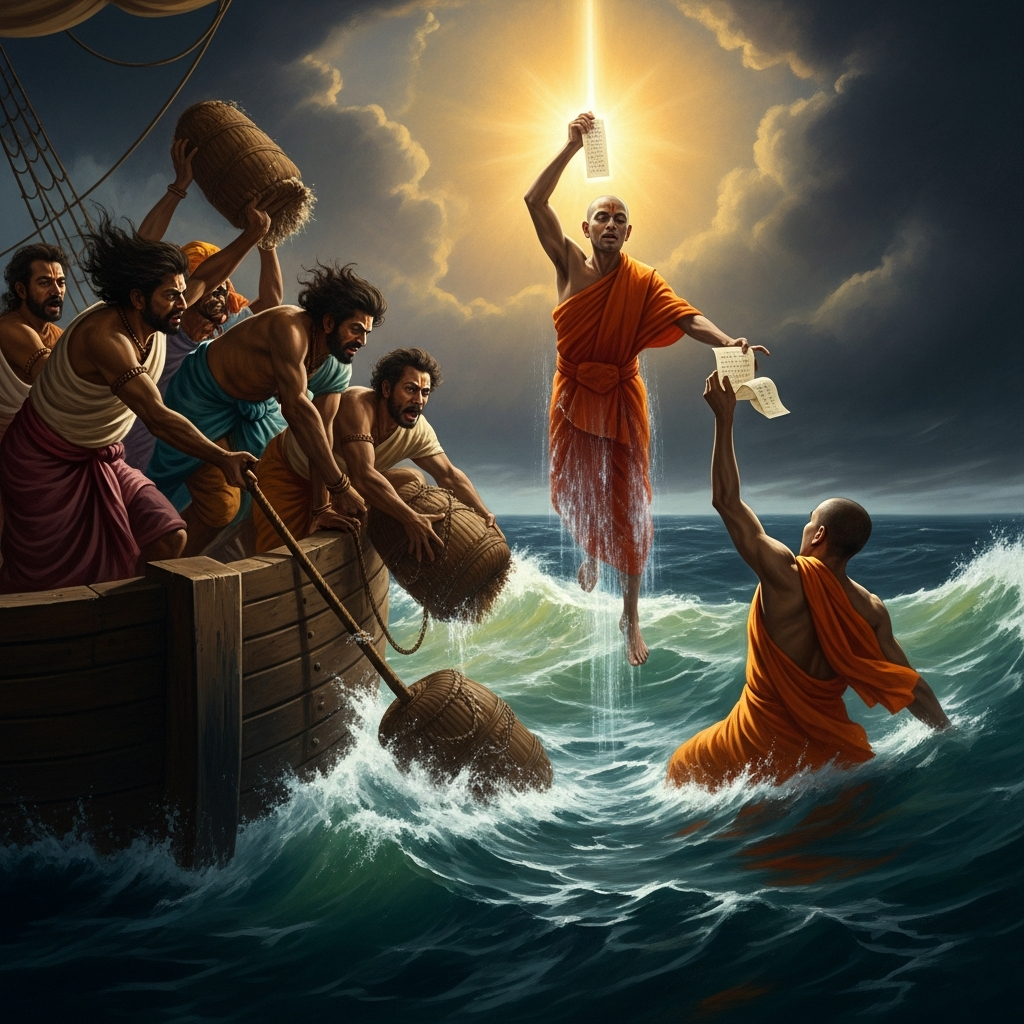 The Indian Ocean. The merchants throw cargo overboard. The crew threatens to throw the monk overboard. Faxian holds his sutras above the water and continues to chant.