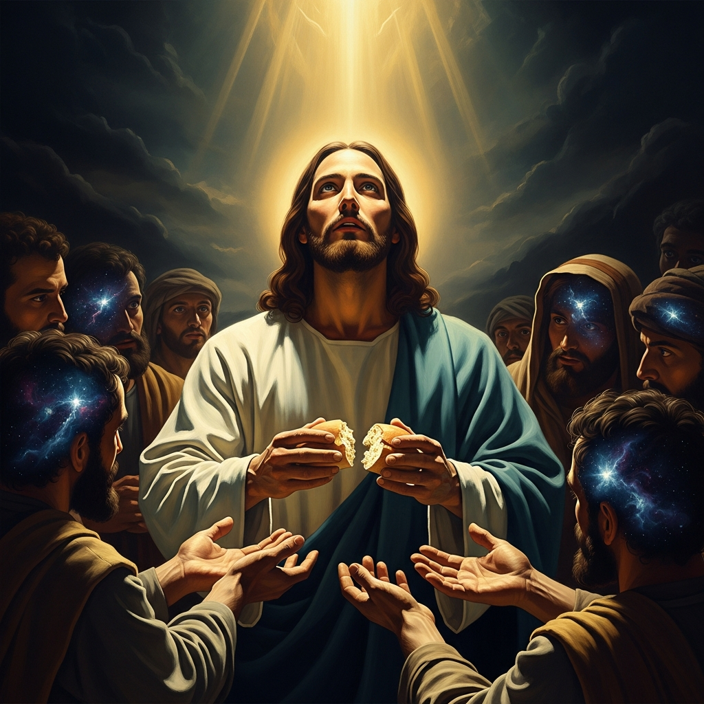 He looks up to heaven, blesses and breaks the loaves, and gives them to the disciples to set before the people — the same four gestures that will define the Eucharist: take, bless, break, give.
