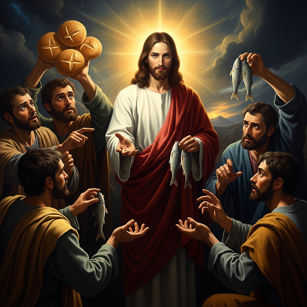 The disciples count what they have — five loaves, two fish — and report it back to Jesus as evidence of impossibility. He says: bring them here to me.