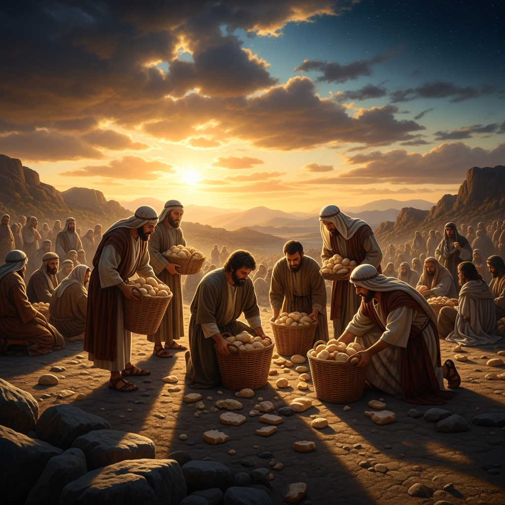 After five thousand people have eaten and are satisfied, the disciples gather the fragments — twelve baskets full of broken pieces, more left over than what they started with.