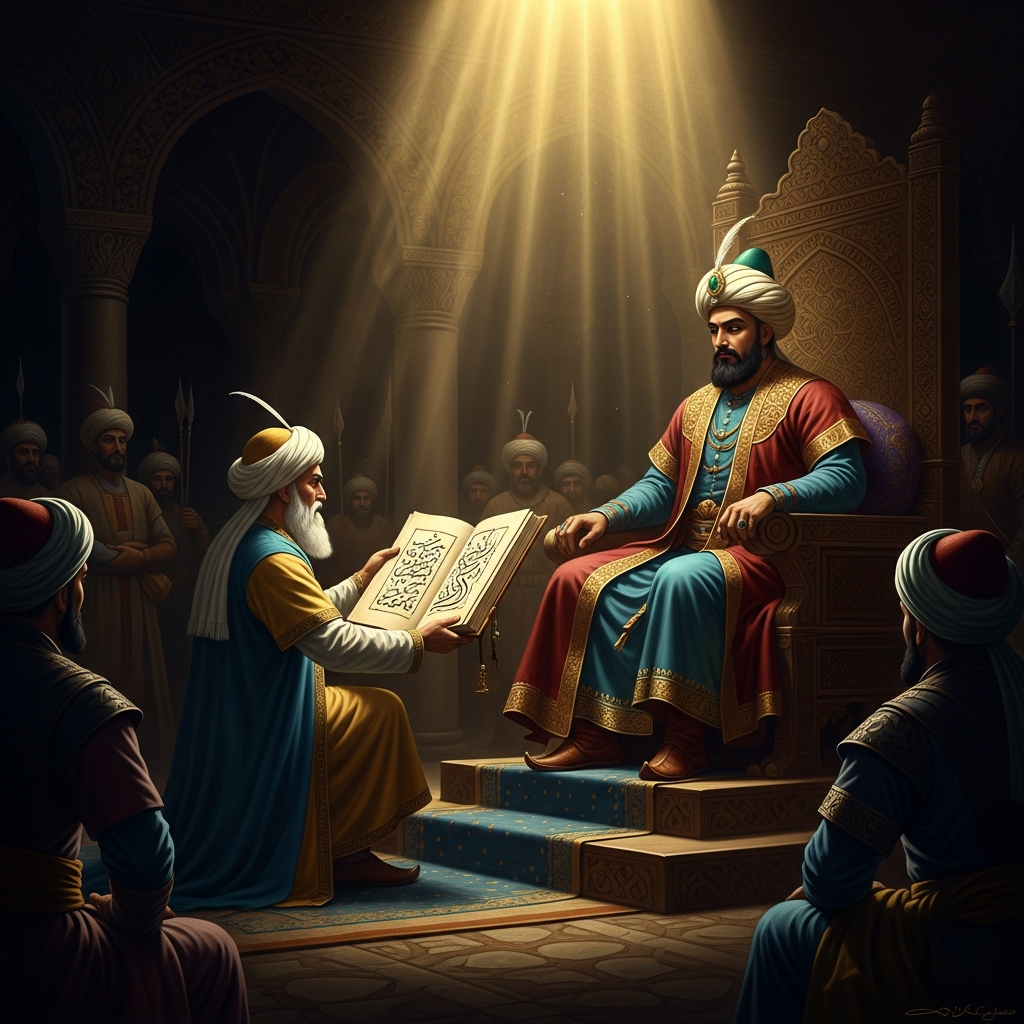 Ferdowsi presents the completed Shahnameh at the court of Ghazni. The sultan's face reveals nothing. The silver will come later.