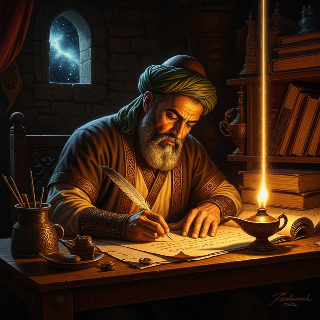 Ferdowsi composes by lamplight in Tus, thirty years of nights spent building the Persian mythological tradition against the flood of Arabization — sixty thousand couplets, one line at a time.