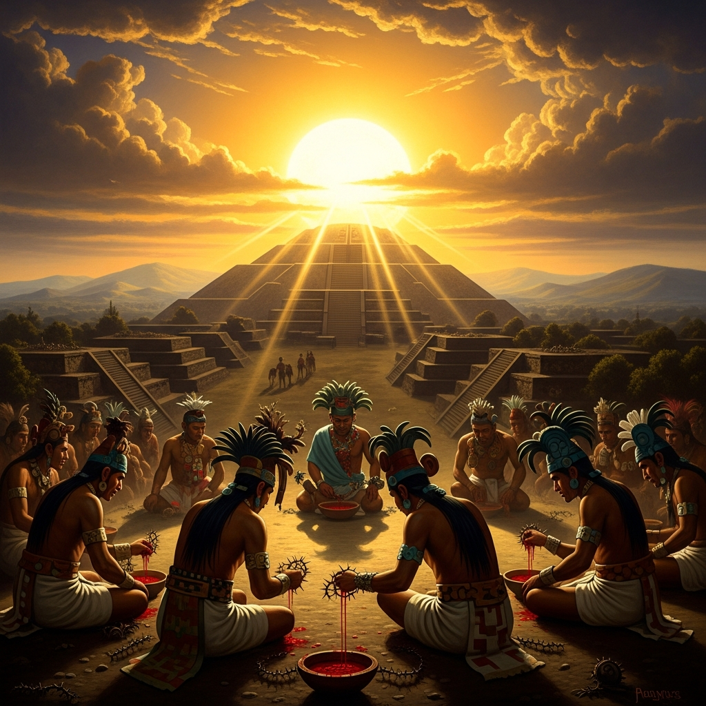 The fifth sun rising over Teotihuacan for the first time, blinding and still, refusing to move until the gods offer their own blood. The assembled deities bleed themselves with thorns. The sun begins to travel.