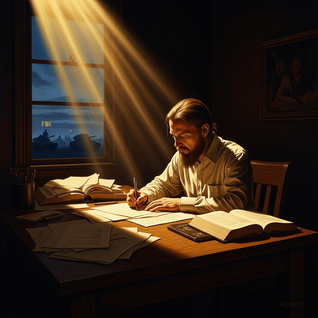 The fifty-one-day siege; Koresh writes his exegesis of the seven seals as FBI tanks circle the property.