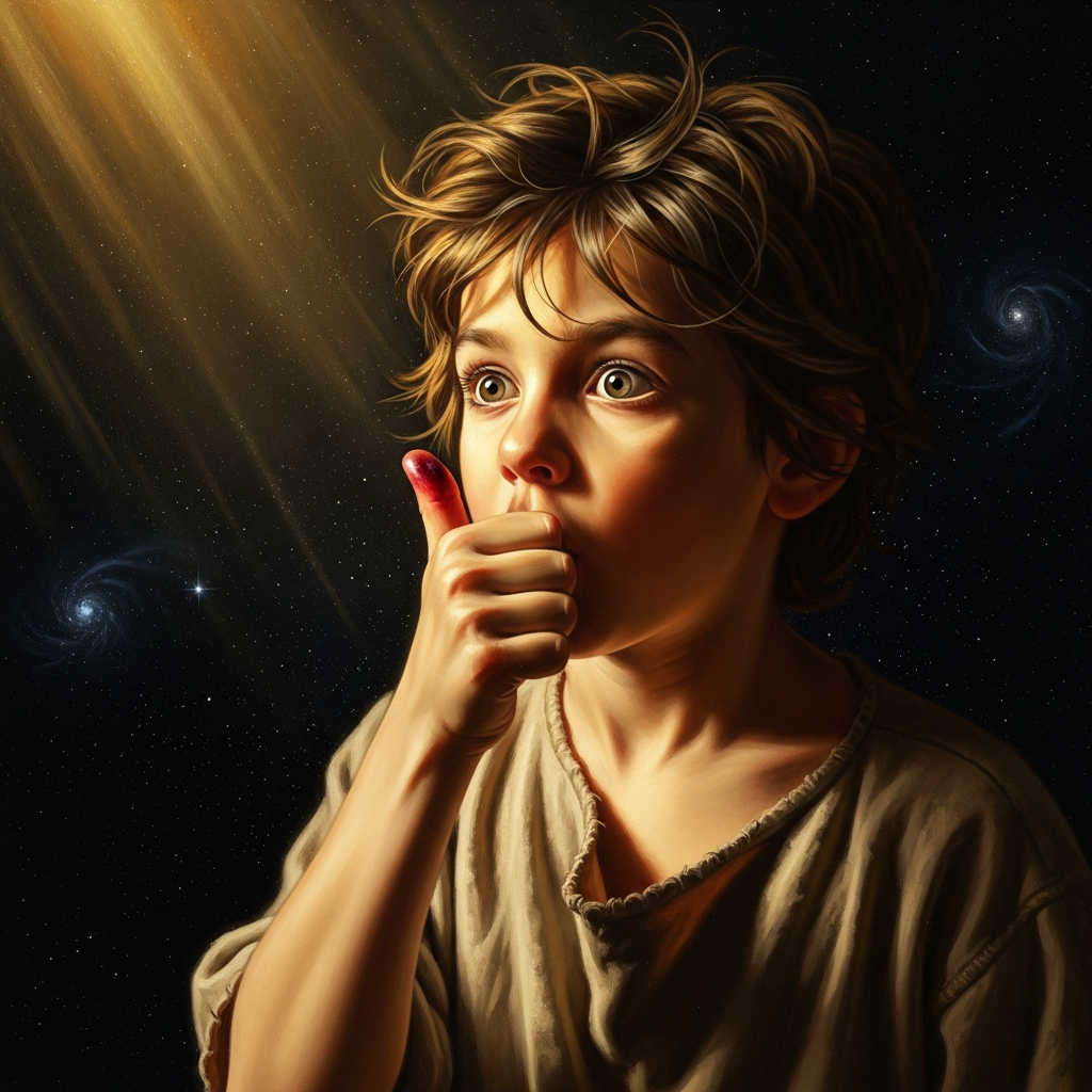 The boy puts the burned thumb in his mouth without thinking — the smallest gesture, the largest consequence, the knowledge of the world entering through a place no instruction reaches.