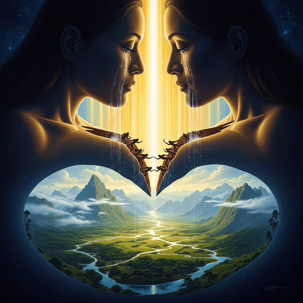 The separation — light pouring through the gap between parents for the first time, Rangi's tears falling as rain, the world opening like a wound into beauty.