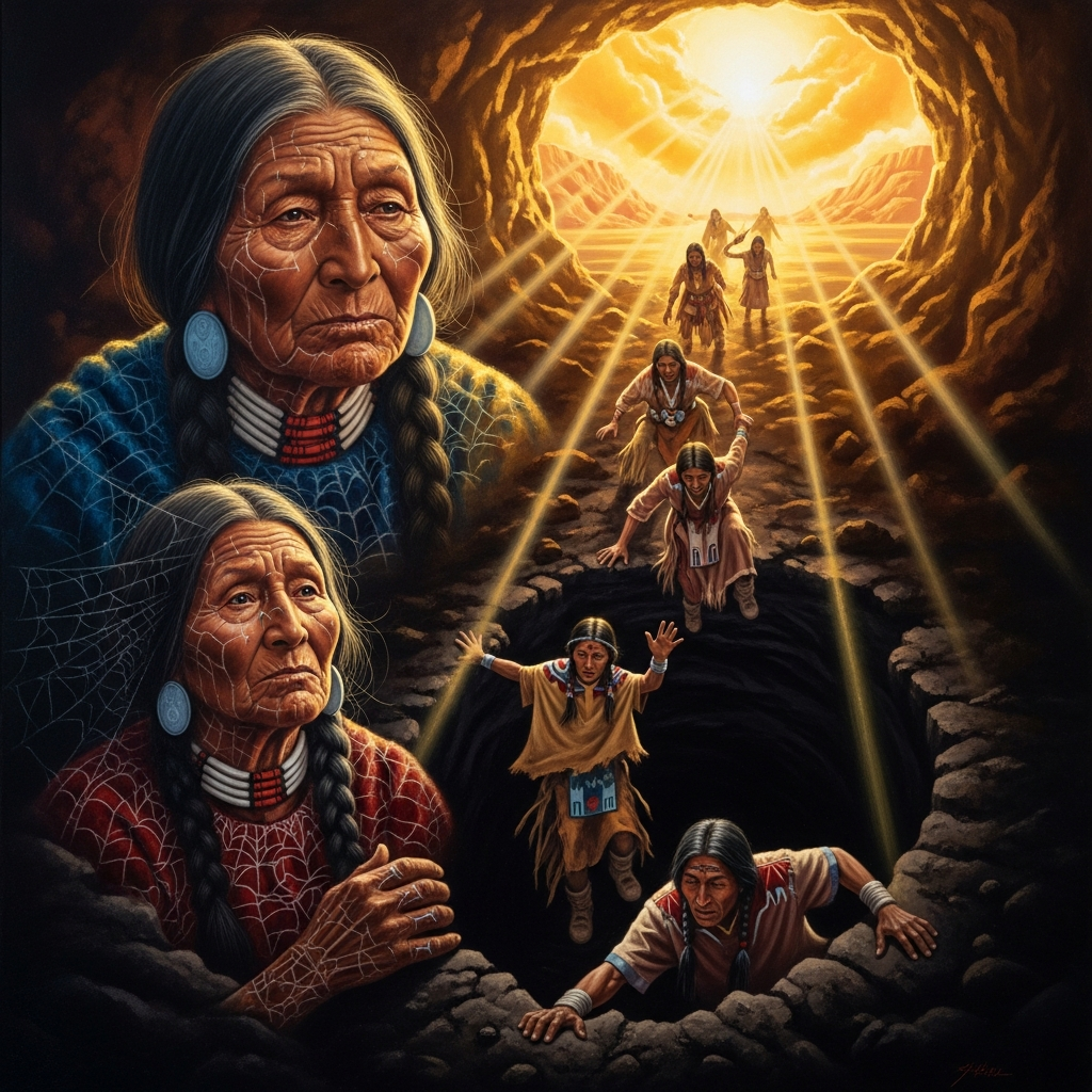 The First People climb up through the *sipapu*, the emergence hole, from the underworld into the dazzling light of the Fourth World. Spider Grandmother's thread guides the way.