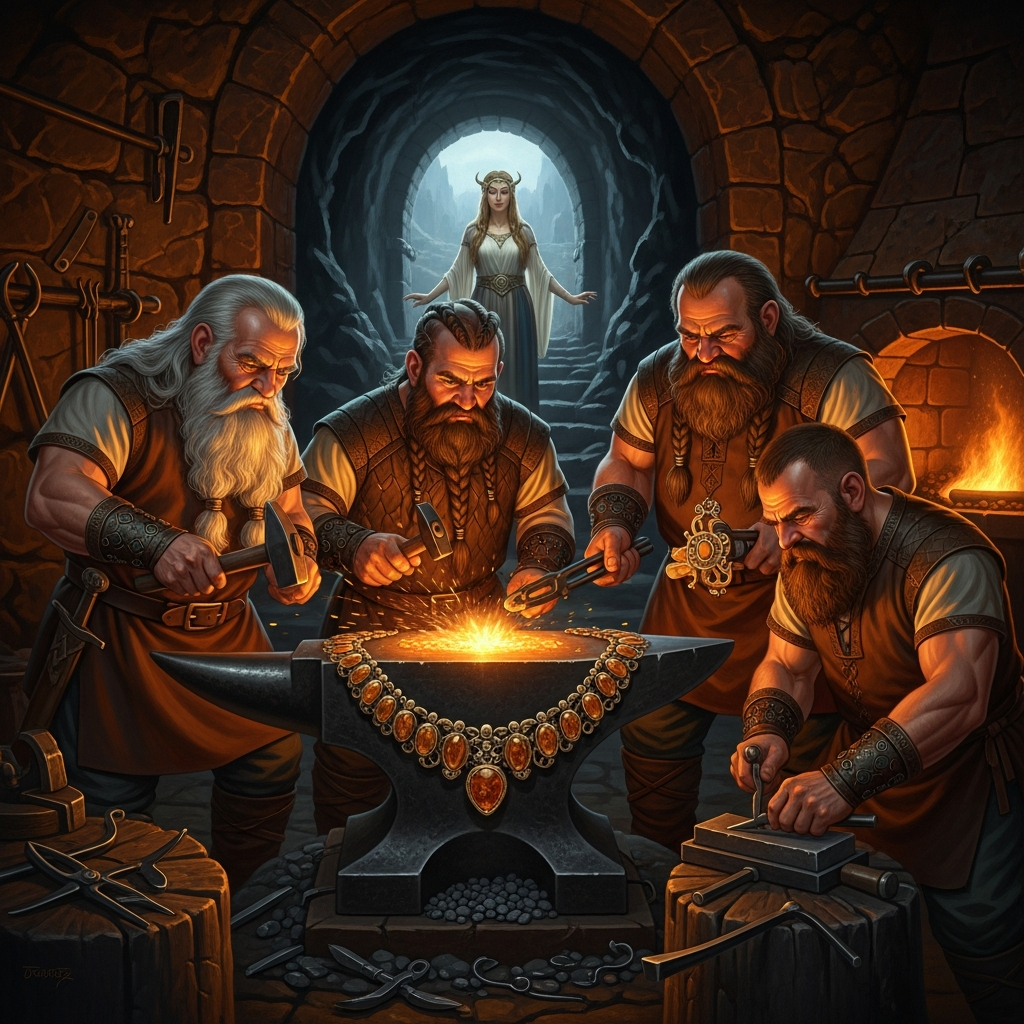 Alfrigg, Dvalinn, Berlingr, and Grerr at the anvil. The Brísingamen is half-finished, glowing with the light of trapped fire and amber. Freya watches from the doorway of the cave.
