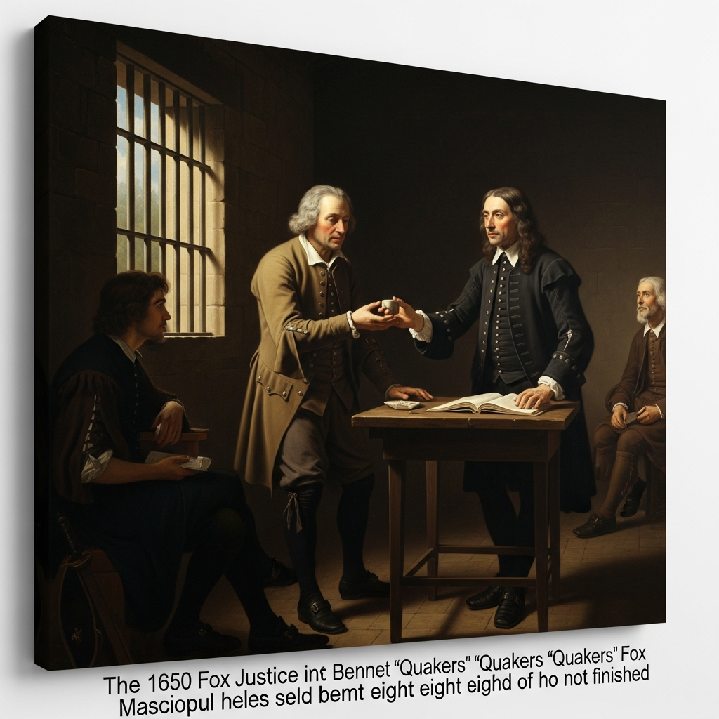Derby jail, 1650 — Fox before Justice Bennet, who has just coined the word Quakers in mockery: they tremble at the word of God. Fox accepts the name. The magistrate sends him back to the cell. He has been imprisoned eight times and is not finished yet.