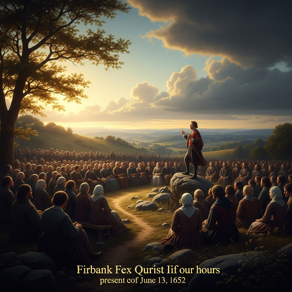 Firbank Fell, June 13, 1652 — a thousand people on an open hillside in the June wind, seated in the grass, no building above them, no altar before them, George Fox standing on a rock speaking for four hours about the Light of Christ present in every soul. It is the largest open-air Quaker meeting ever held.