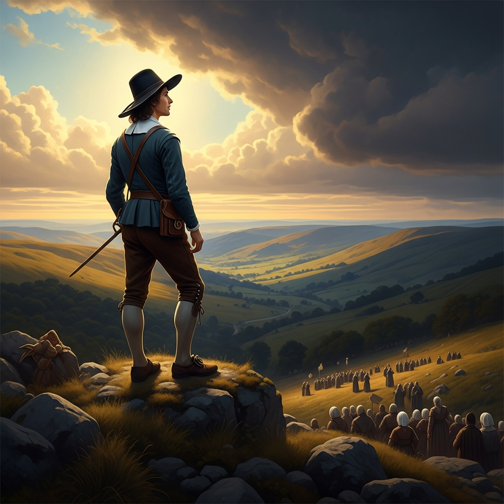 George Fox alone on the summit of Pendle Hill in Lancashire, June 1652 — a lean young man in leather breeches and a wide hat, looking north and west over the fells. He sees, he will write, a great people to be gathered. The valley below is full of Seekers who have been waiting for exactly this.