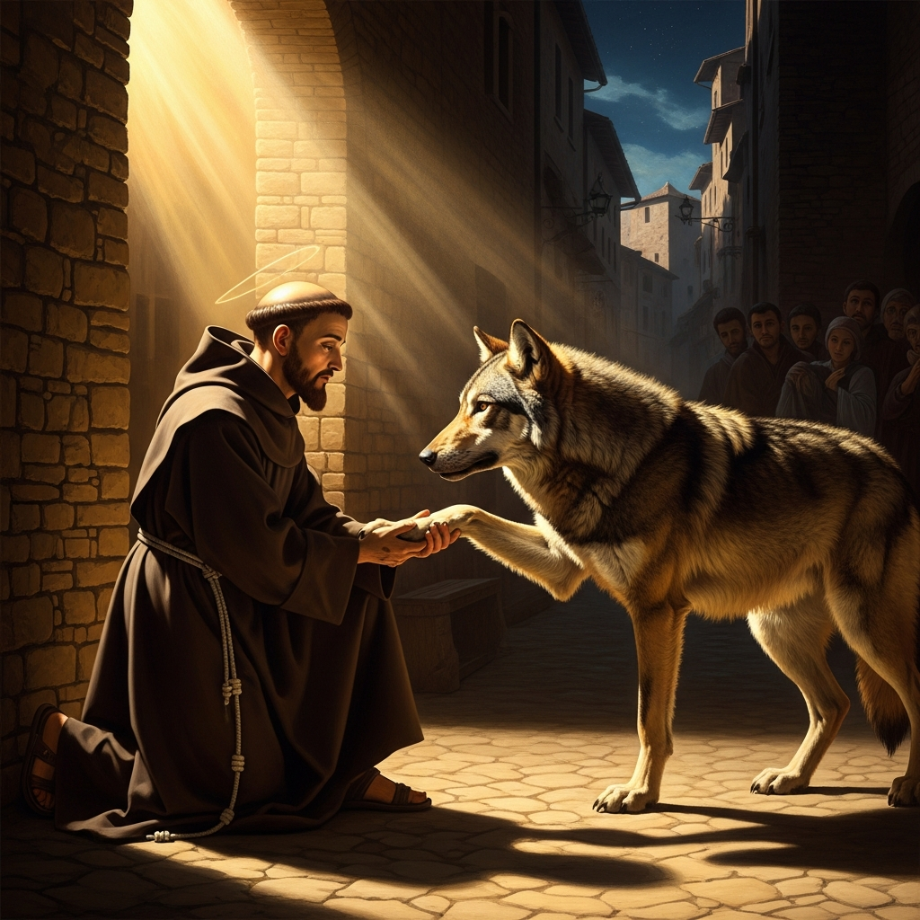 *Frate lupo*, Francis says — Brother Wolf. The wolf places its paw into his open palm, the contract sealed before the trees and the silence. They walk back to Gubbio together.