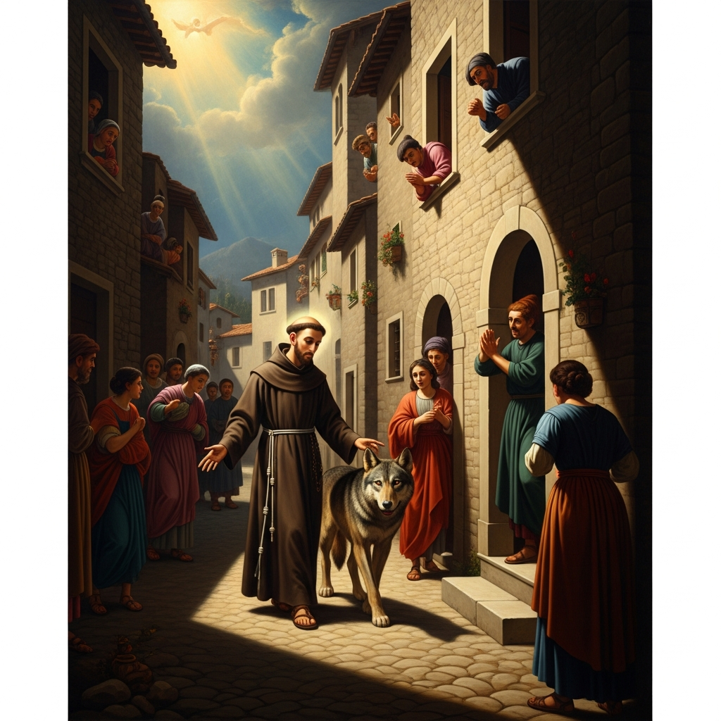 For two years the wolf goes door to door in Gubbio, fed by the townspeople, growing tame. When it finally dies of old age the people weep, having forgotten how to be afraid.