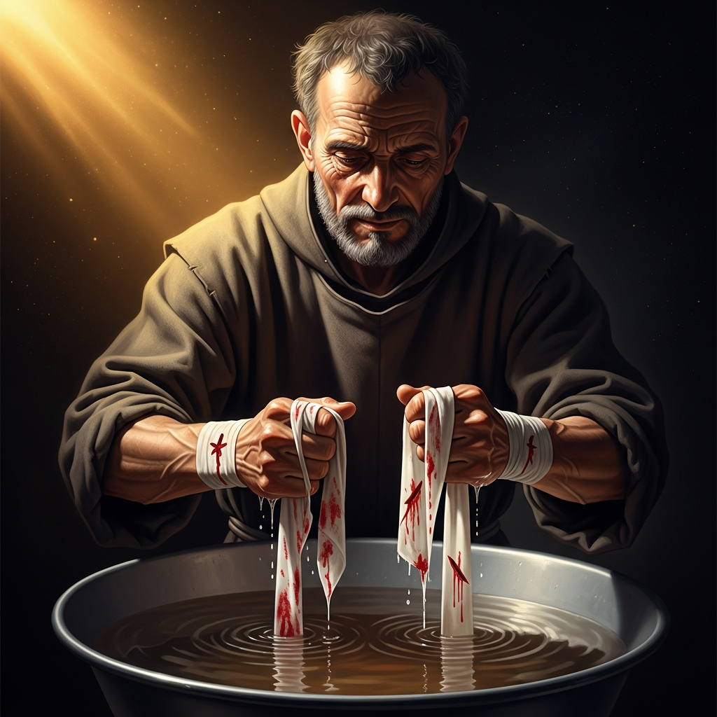 Brother Leo washes the bandages each morning — the wounds in the hands, the feet, the side — and keeps the silence his brother has sworn him to.
