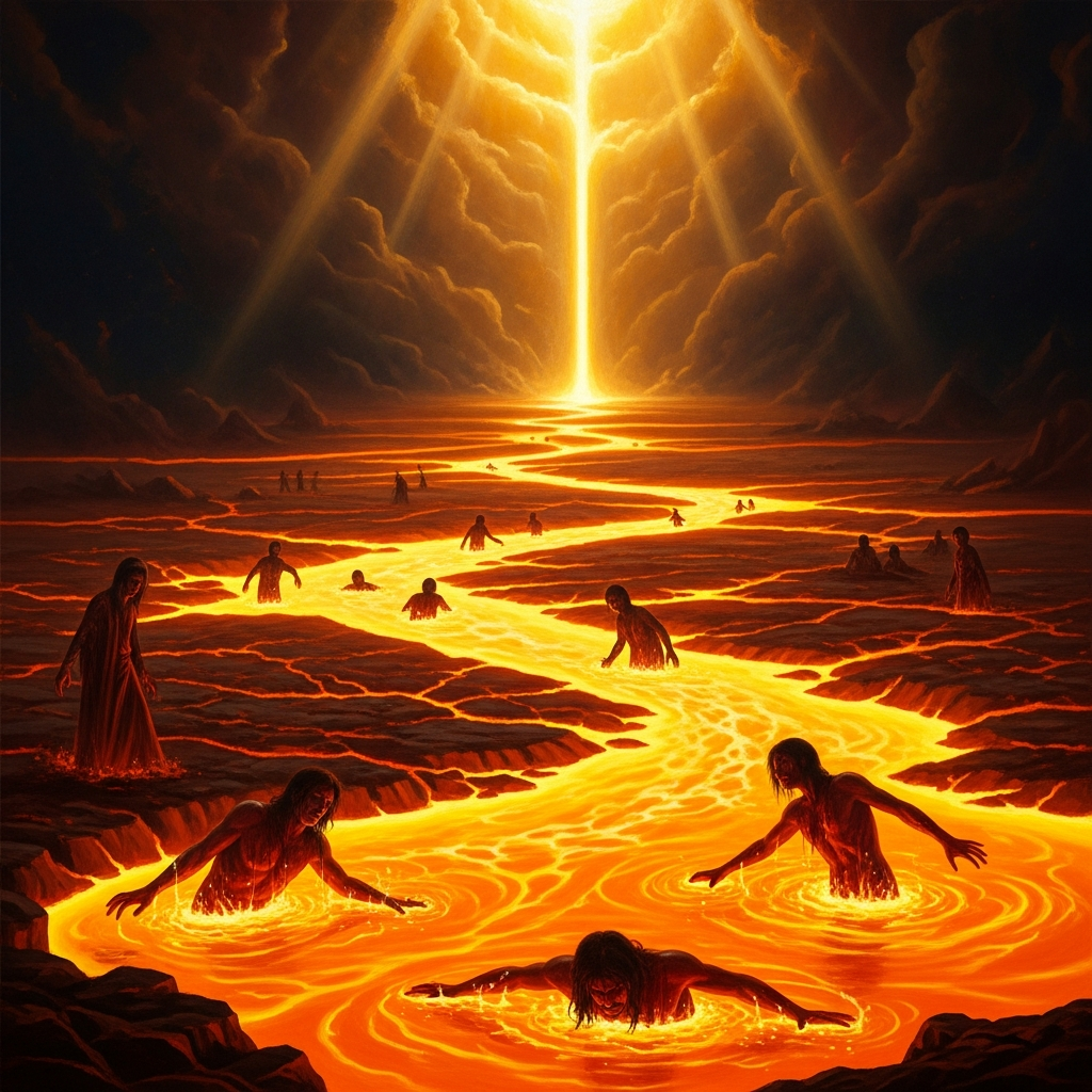 In the Zoroastrian vision of the end, molten metal flows like a river across the earth: the righteous pass through it as through warm milk; the wicked are purified and then pass through.
