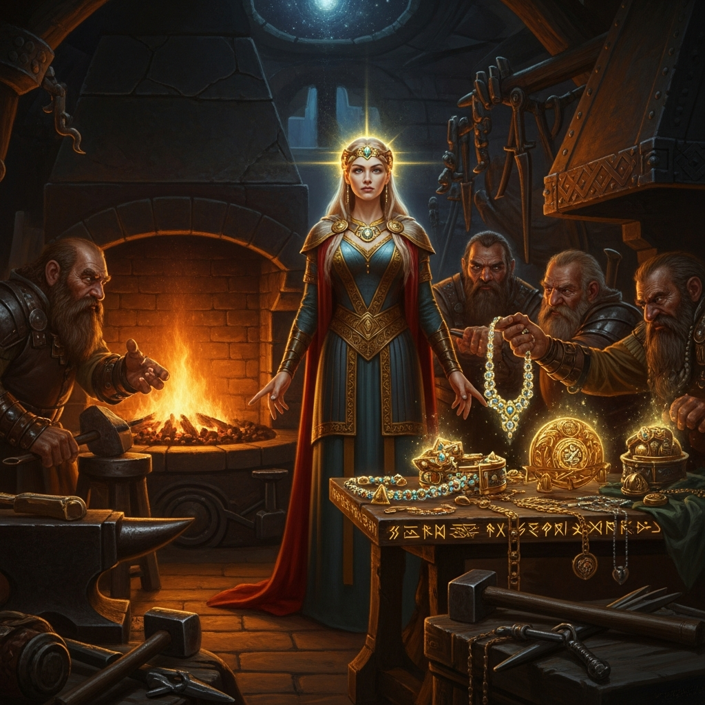 The dwarves name their price. Freya does not flinch. She does not bargain. She nods once and the bargain is sealed in the firelight of the forge.