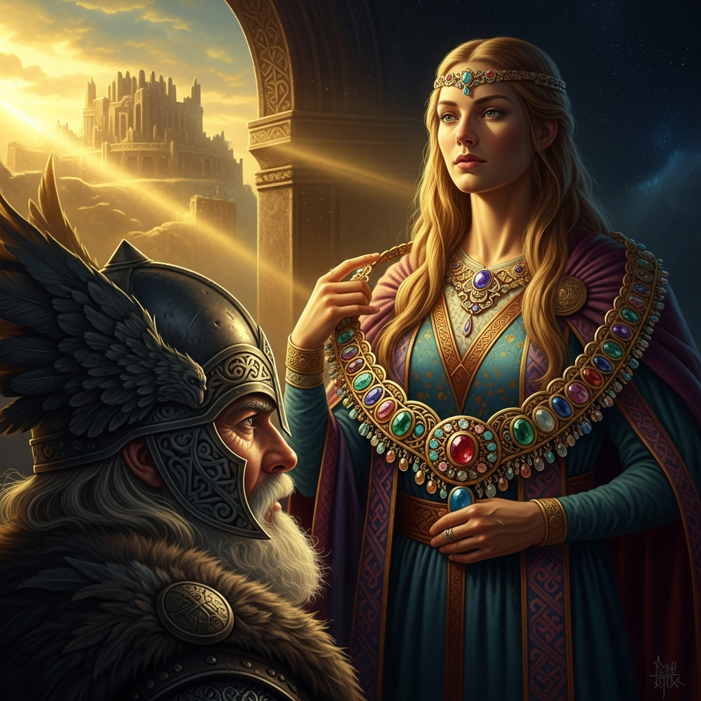 Freya returns to Ásgarðr wearing Brísingamen. The necklace catches the dawn. Odin sees it. Odin does not look away. The price he will name is already in his mouth.
