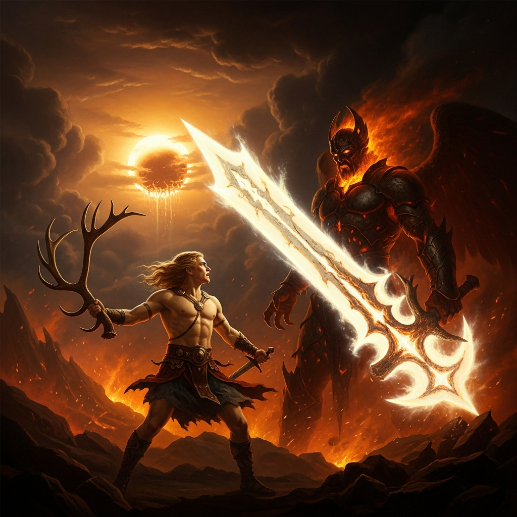 Ragnarök. Freyr without his sword, facing Surtr whose blade is brighter than the eaten sun. He fights with an antler — the sources say a deer's horn. He bought this death at the moment in Hlidskjalf.