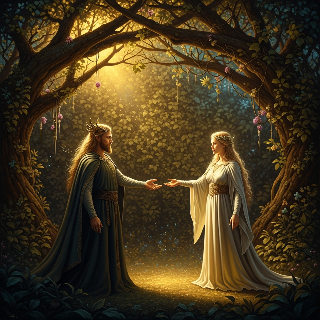 Freyr and Gerðr in the grove of Barri, nine nights after the agreement. What passes between them is not described in the poem. The grove closes around them.