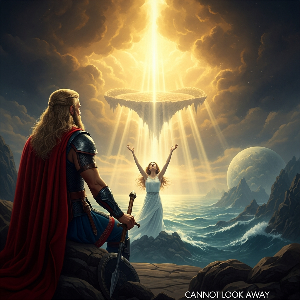 Freyr in Hlidskjalf, the seat that is not his, looking out across the nine worlds. Below in Jotunheim, a woman raises her arms. The light that comes from her skin illuminates the sea and sky simultaneously. He cannot look away.