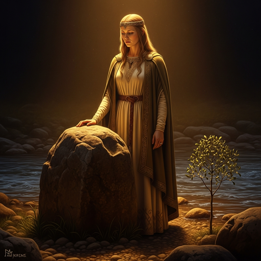 Frigg before a stone, a river, a stand of mistletoe. She has spoken to fire and iron and disease. The mistletoe is small. It is too young and too harmless to bother with. She walks on.