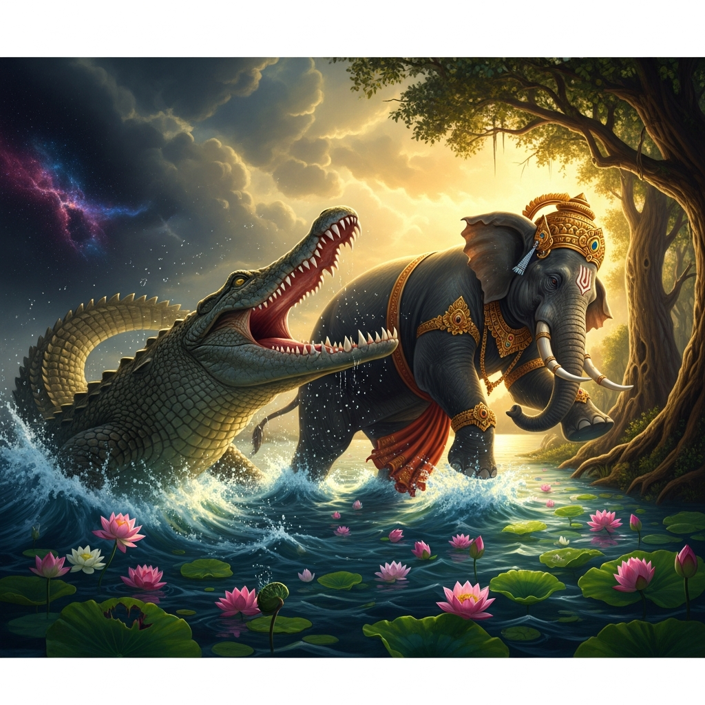The crocodile's jaws lock around the elephant king's foot in the lotus lake, and the thousand-year war of attrition begins — the elephant dragging toward shore, the crocodile dragging toward the deep.