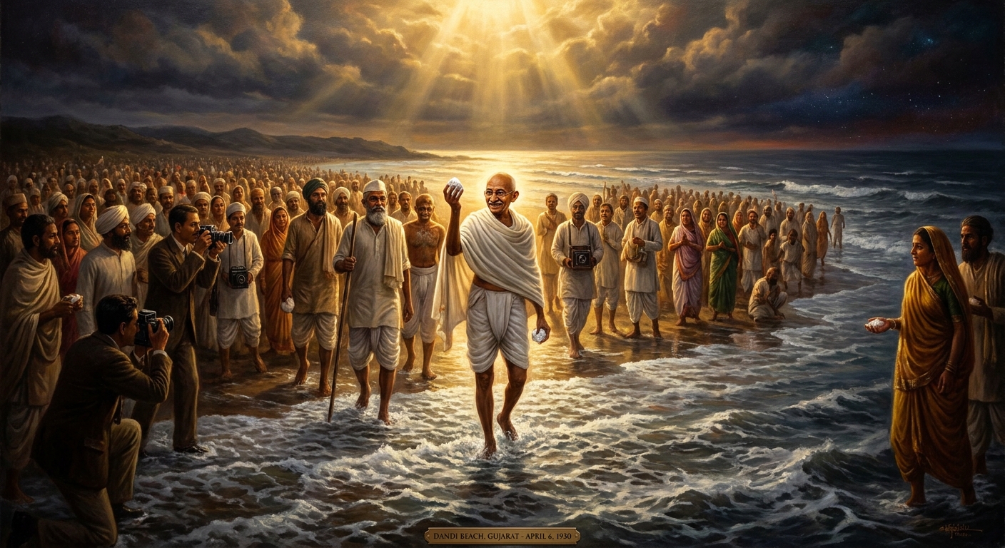 April 6, 1930 — Dandi beach at low tide, the moment of the bend, the fistful of salt raised in defiance of the Salt Acts.