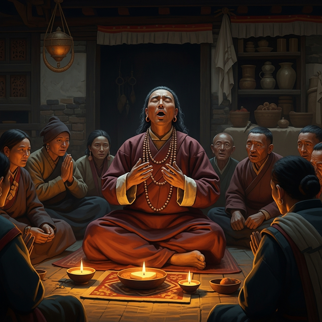 A living bard in a Tibetan village, eyes closed, in trance, his hands moving as he chants the Gesar Epic. The villagers sit in a circle around him. Butter lamps burn. The bard has been singing for three days. He has not eaten. The words come from somewhere else.