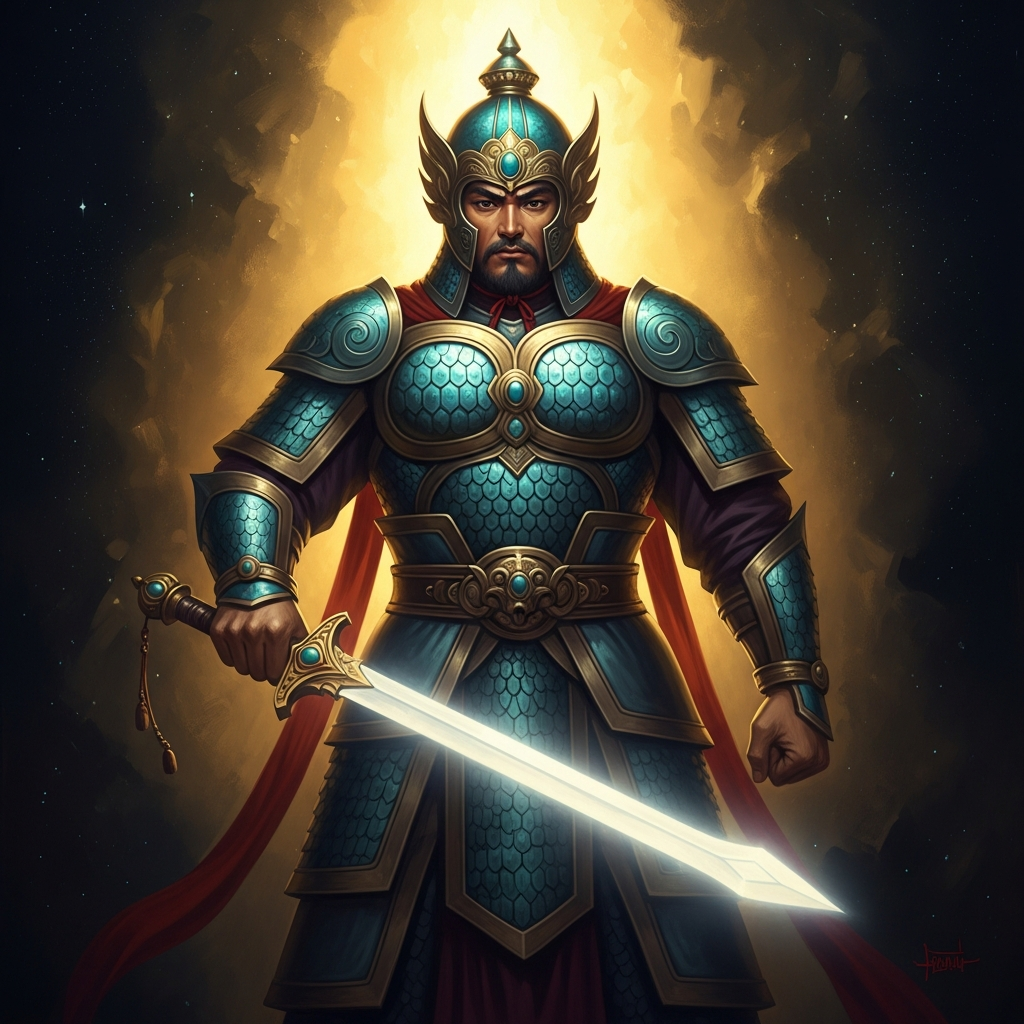 Gesar of Ling in full divine armor — his turquoise-inlaid helmet, his bright sword, his warrior's cloak streaming in the Tibetan wind. His horse is white as snow. His face is fierce and open simultaneously, the expression of a being who inhabits both the wrathful and the compassionate. Mountains rise behind him.