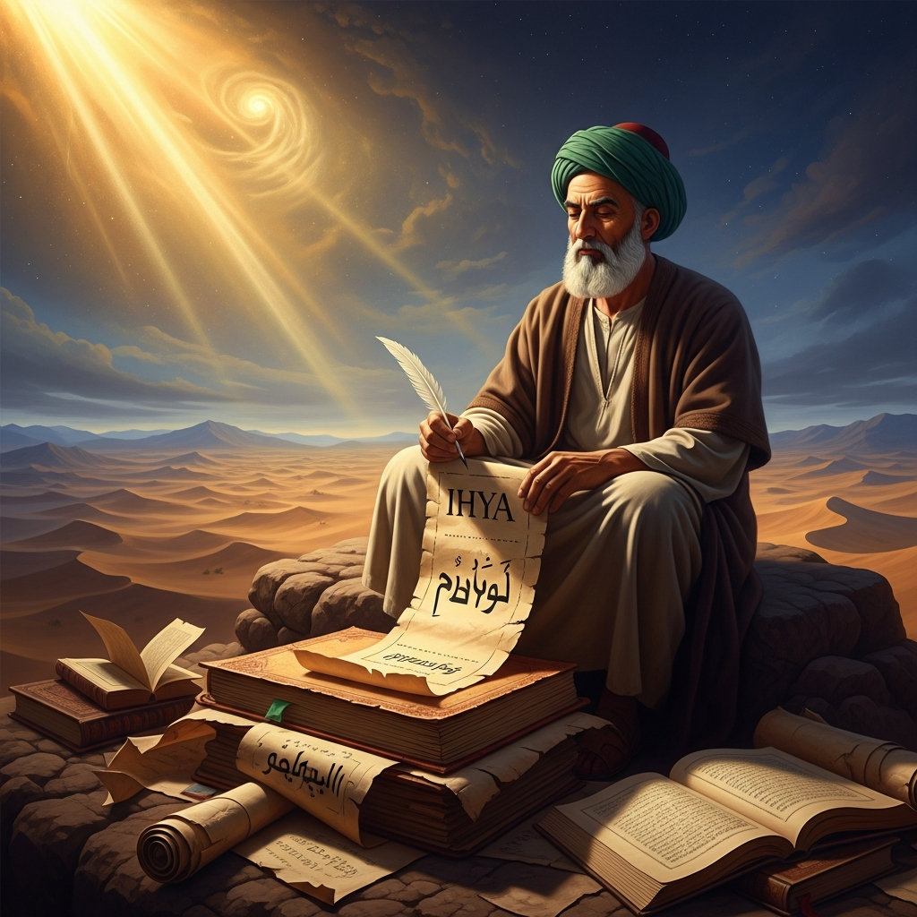 After eleven years of wandering prayer and desert silence, al-Ghazali writes the final pages of the *Ihya* — forty books reconciling law, theology, and mysticism — the synthesis only possible from the far side of the crisis.