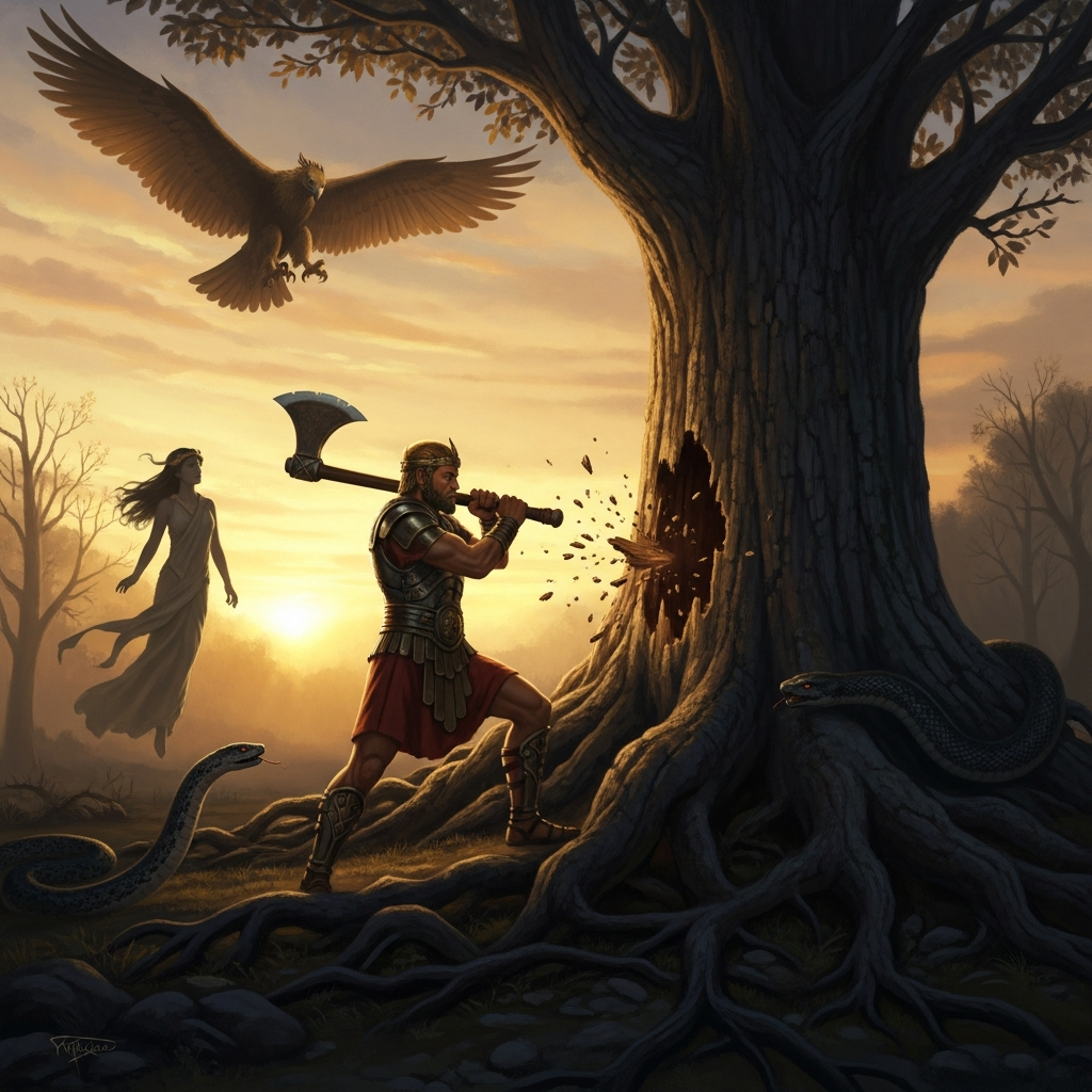 Gilgamesh at the huluppu tree at dawn, his axe on his shoulder, the bronze blade fifty minas in weight. He strikes the base. The snake flees. The Anzu bird rises. Lilith departs to the empty wilderness.