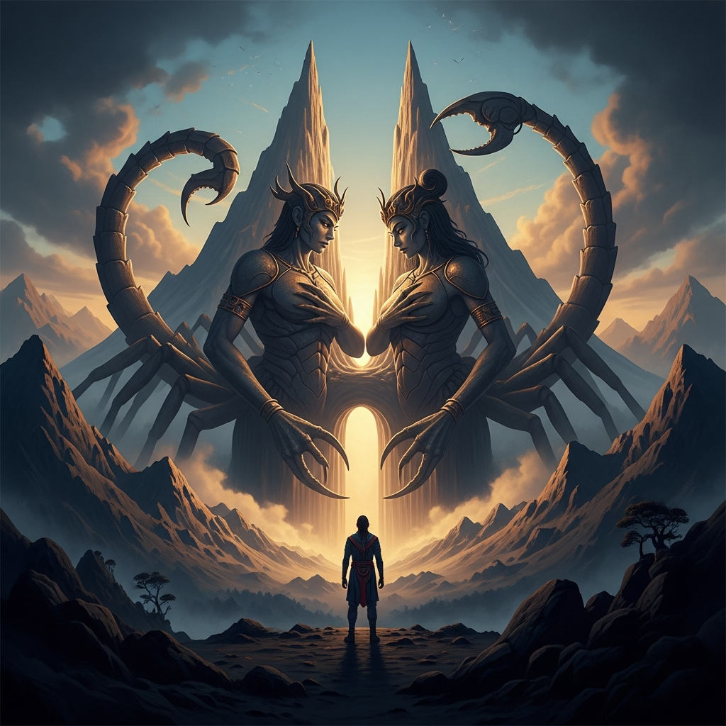 The twin-peaked mountain of Mashu at the edge of the world: the Scorpion-man and Scorpion-woman at the gate, their magnitude filling the mountain, their backs touching the sky, their chests in the underworld. They are looking at a human being.