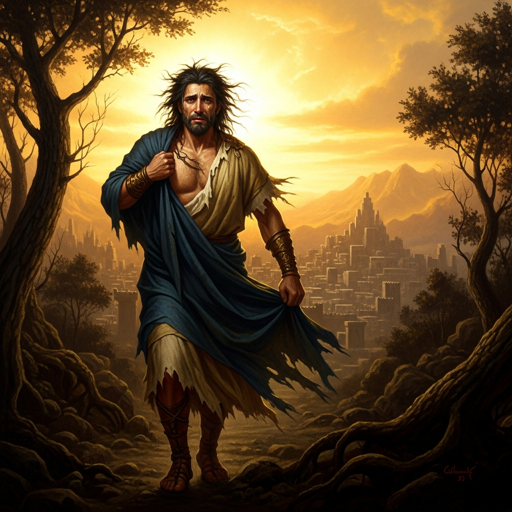 Gilgamesh tears his robes and lets his hair mat, walking out from Uruk into the wilderness with nothing but grief.
