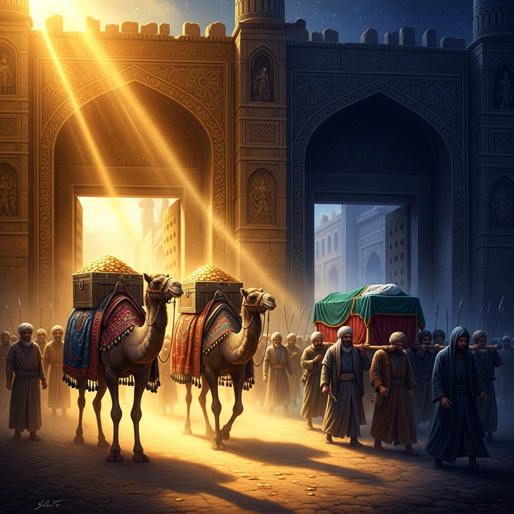 The sultan's camel caravan bearing sixty thousand gold coins enters the gates of Tus on the same day as Ferdowsi's funeral cortege — one gate in, one gate out.