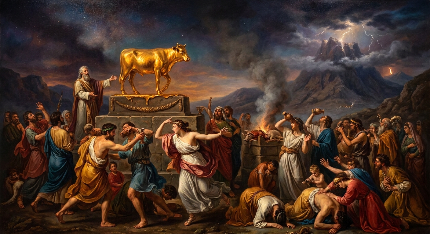 Aaron melts the people's gold earrings and casts the calf. The people say: 'These are your gods, O Israel, who brought you up out of Egypt' (Exodus 32:4).