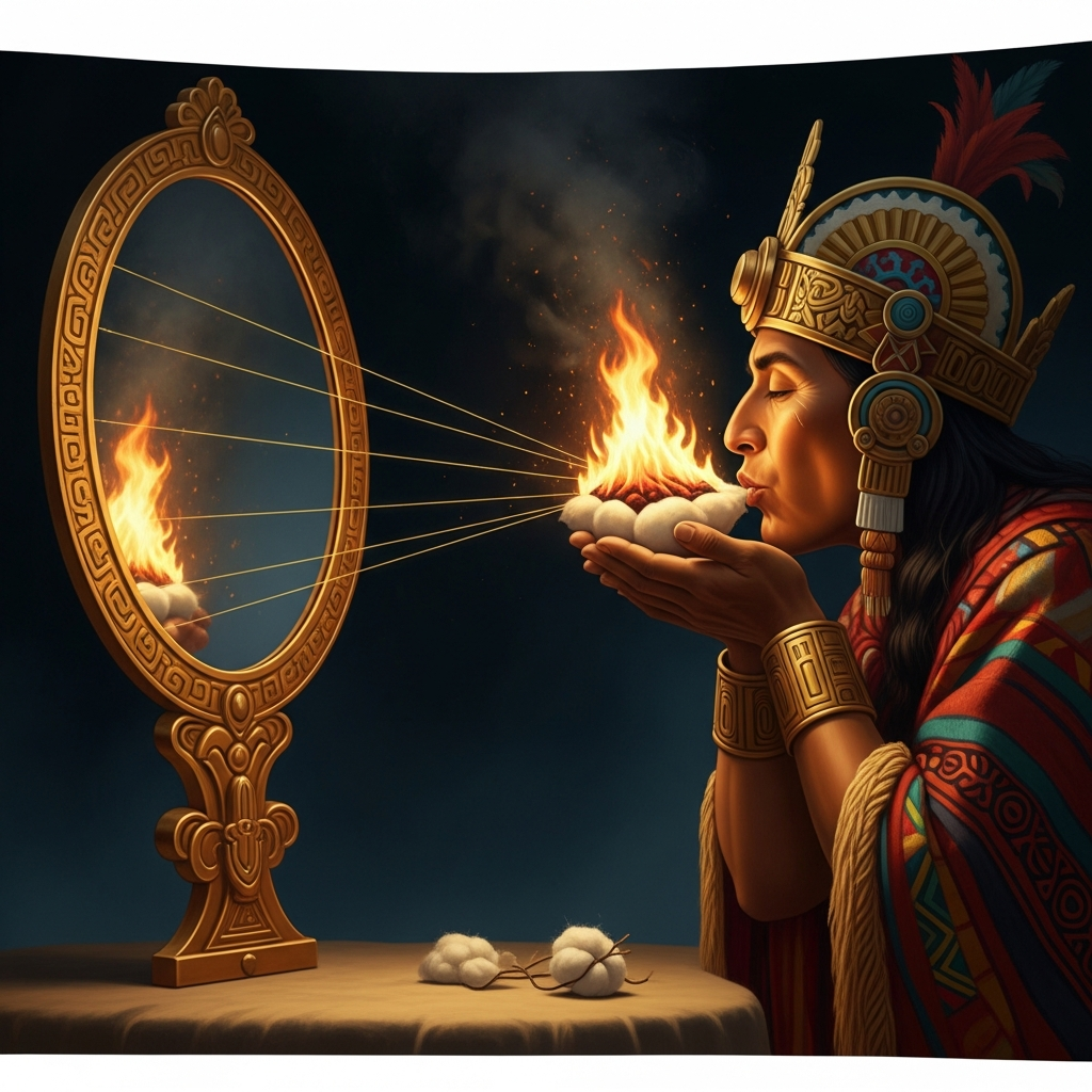 The golden mirror catches the first direct rays of the solstice sun and focuses them onto a wad of fine cotton until it smolders and catches; the Sapa Inca breathes on the ember; the sacred fire of the new solar year enters the world through the king's breath.