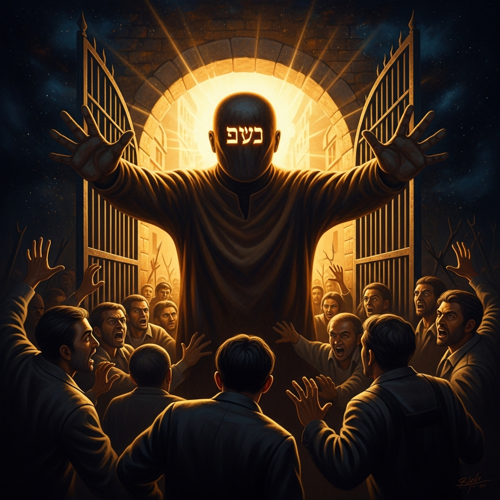 At the ghetto gate, the Golem stands against the mob — arms spread, face without expression, the word *emet* burning gold on its brow.